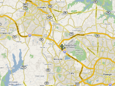 Green arrow marks ONLC Raleigh computer training center location.