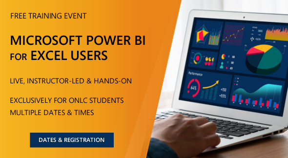 Power BI for Excel Users webinar (no cost) with ONLC Training Centers.