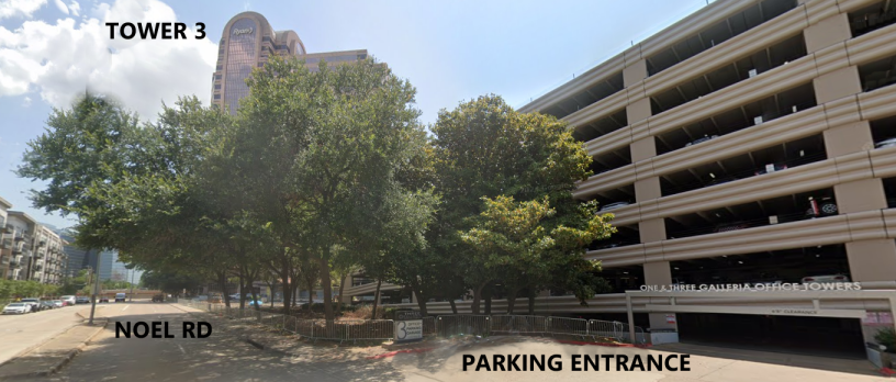 Parking garage entrance for One & Three Galleria Office Towers on Noel Road.